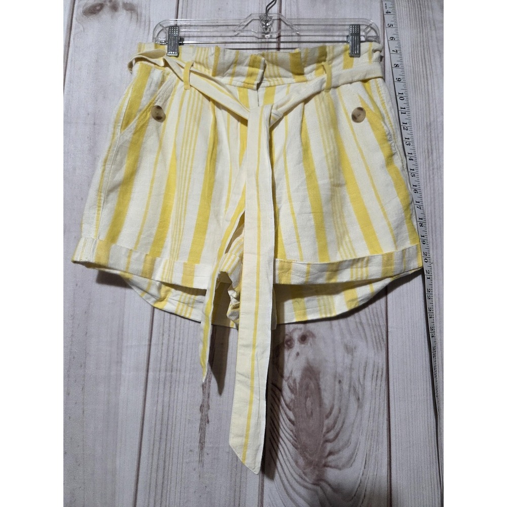 Topshop Shorts Womens US 8 Yellow White‎ Striped High Rise Cotton Belted Summer